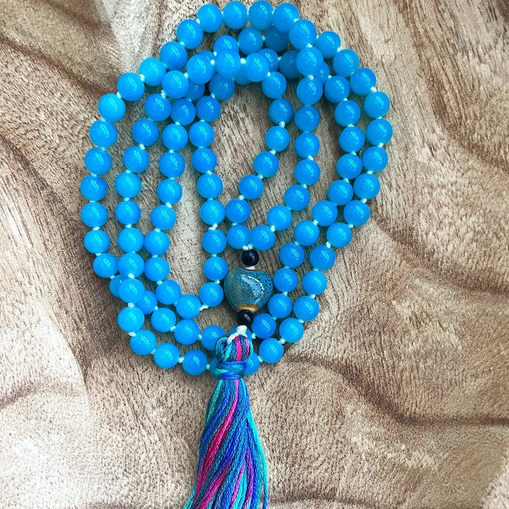 108 bead blue glass and stone mala